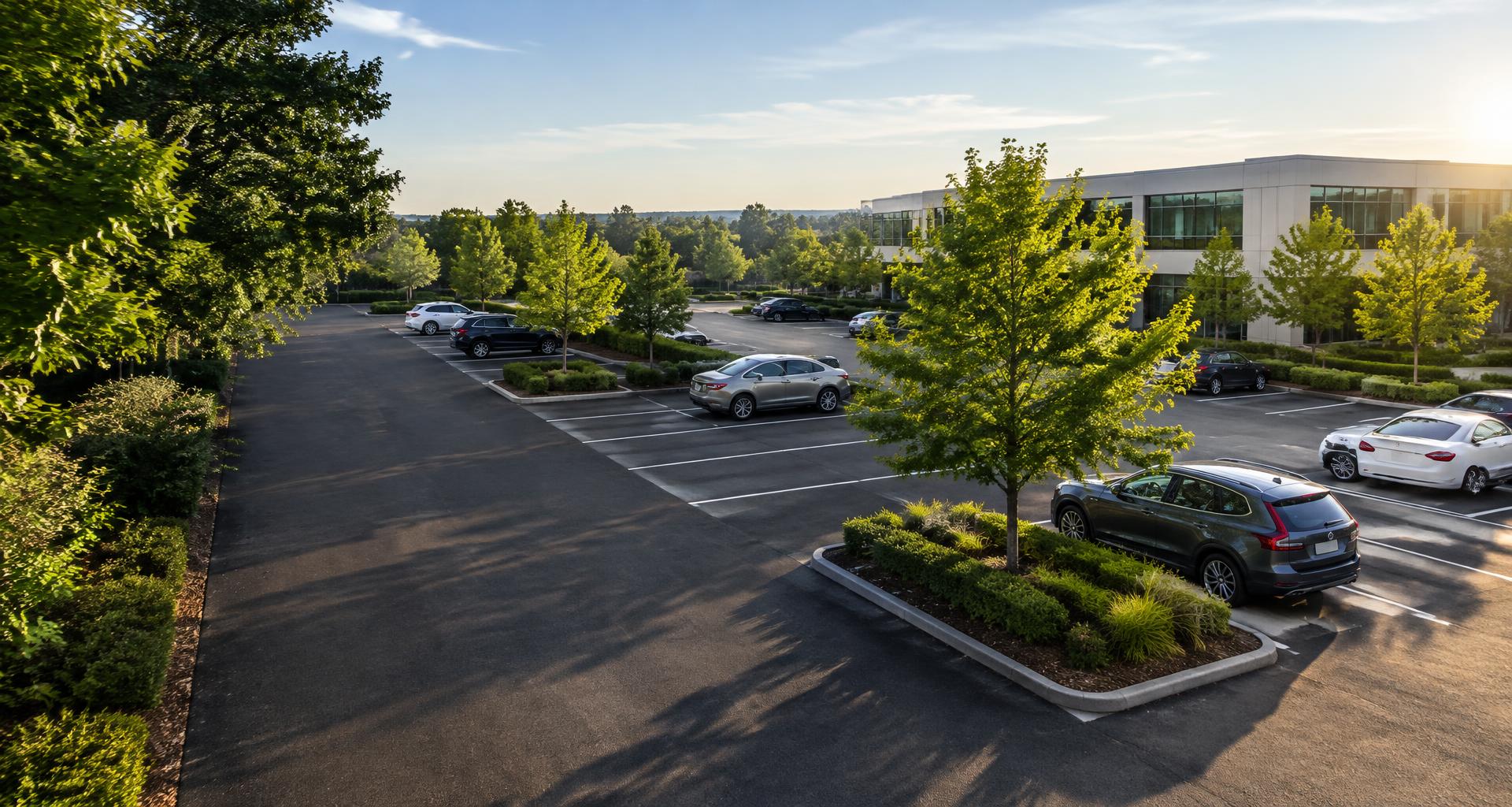 An orderly parking lot with marked spaces, landscaped islands, and parked cars